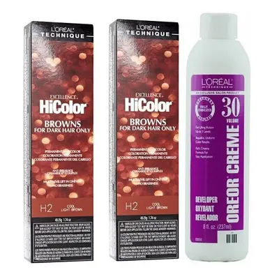 (H2+H2+Dev(Vol.30)8oz) H2 Cool Light Brown L'Oreal Excellence HiColor Browns for Dark Hair Only