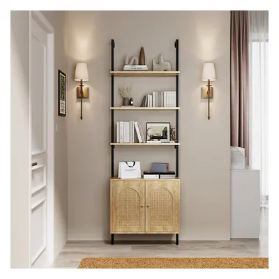 Wooden Bookshelf with Rattan Cabinet