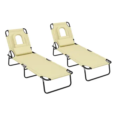 Outsunny Folding Sun Lounger Set of Reclining Chair with Reading Hole Beige