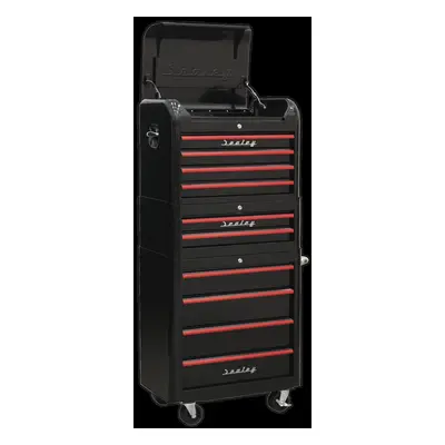 Retro Style Topchest, Mid-Box & Rollcab Combination Drawer - Black with Red Anodised Drawer Pull