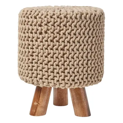 (Linen) Tall Knitted Cotton Footstool with Tripod Wooden Legs