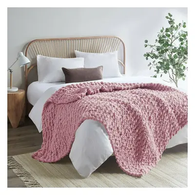 Pink Hand-Woven Throw Cozy Chenille Blanket for Couch and Bed