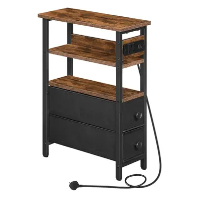 (Rustic Brown, Black) Side table with charging station, narrow side table with non-woven drawers