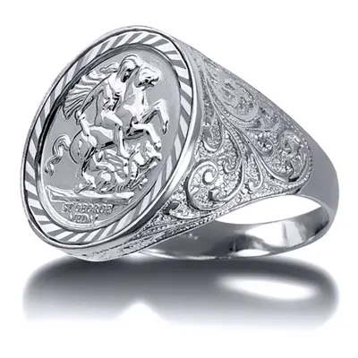 (U) Jewelco London Men's Solid Silver Floral Engraved St George & Dragon Medallion Ring (Full So