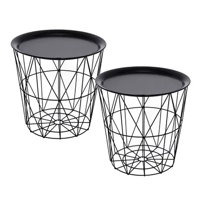 Set Of Black Geometric Iron Metal Wire Storage Side Table | Basket Storage Table Living Room End