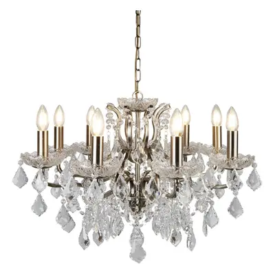 8 Light Chandelier Antique Brass Clear Crystal Drops