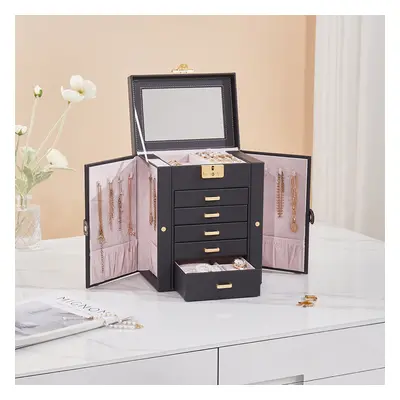 (Black) Faux Leather Large Jewellery Storage Box with Mirror