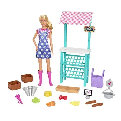 Barbie Farmers Market Playset, Barbie Doll (Blonde), Market Stand, Register, Vegetables, Bread, 