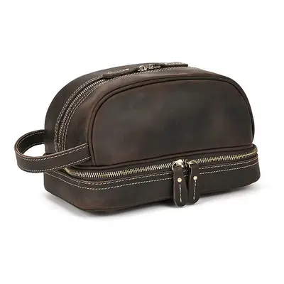 (9566(dark brown)) Genuine leather toiletry travel bag for men women black luxury style makeup b