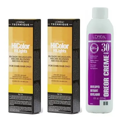 (Ash Blonde (2x), Dev (Vol.30) 8oz) Ash Blonde L'Oreal Excellence HiColor HiLights For Dark Hair