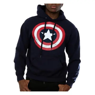 (L, Navy Blue) Captain America Mens Distressed Shield Hoodie