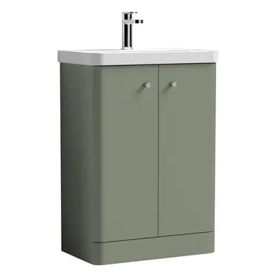 Floor Standing Door Vanity Unit with Ceramic Basin - 600mm - Satin Green