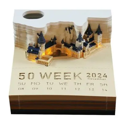 (B) Set Weekly Calendar Creativity 3D Castle Calendar With Led Lights Paper Carving Art Desk Cal