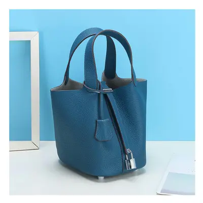 (ç Blue (head layer cowhide), small) New Litchi Pattern Casual Dish, Bag Leather, Fashion Vers