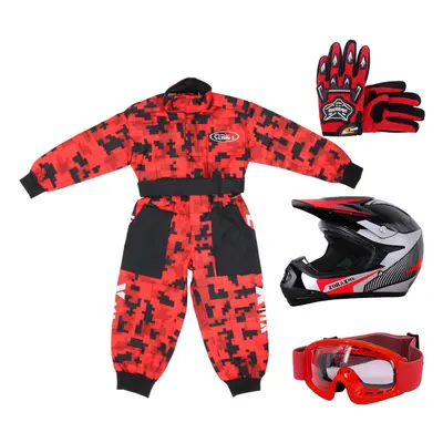 (Red, XS) ZORAX X19 Kids Motocross MX Helmet Motorbike Camo Suit Karting Gloves Goggles