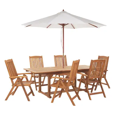 Table with Chairs and Parasol JAVA Acacia Wood 160/220x90x74 cm Light Wood