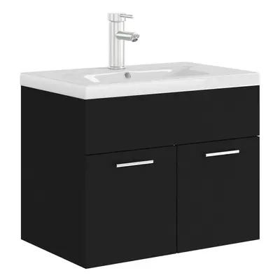 vidaXL Sink Cabinet with Built-in Basin Black Engineered Wood Bathroom Rack