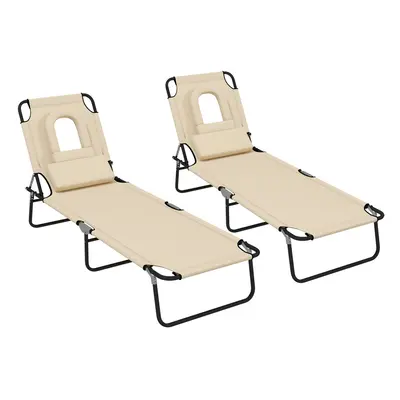 Outsunny Folding Sun Lounger Set of Reclining Chair with Reading Hole Sand