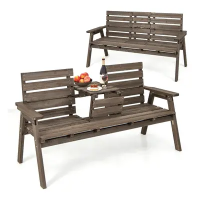 Outdoor Fir Wood Bench Person Garden Bench w/Foldable Middle Table