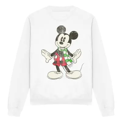 (M, White) Disney Unisex Adult Mickey Mouse Retro Scarf Christmas Sweatshirt