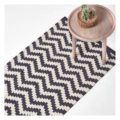 (66 x cm) Casablanca Handwoven Zig Zag Pattern Dark Blue and White 100% Cotton Kilim Rug