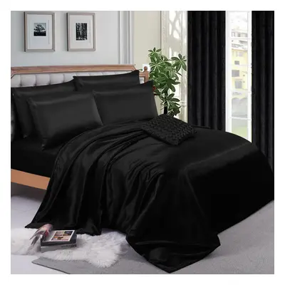 (King, Black) 6PCS SATIN BEDDING SET DUVET COVER FITTED SHEET PILLOW CASES