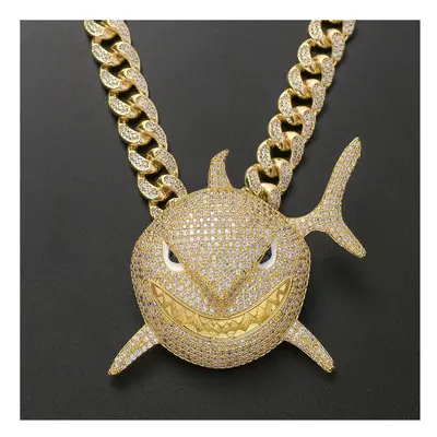 (Light Yellow Gold Color, 70cm) Iced Out Crystal 6ix9ine Shark Pendant Necklace With Hip Hop Ful