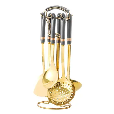 (Grey) Golden Stainless Steel Kitchen Utensil Set With Colourful Ceramic Handles