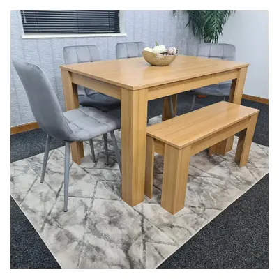 Dining Table and Chairs With Bench Oak Effect Wood Grey Velvet Chairs Dining Room