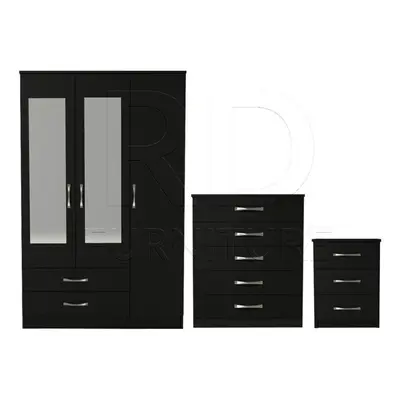 Ready assembled Pcs Classic Door Drawer Mirrored Wardrobe, Chest And Bedside Set Black