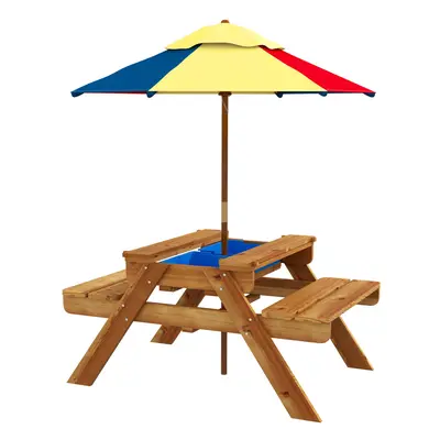 Outsunny Kids Picnic Table Set w/ Sand and Water, Removable Parasol - Brown