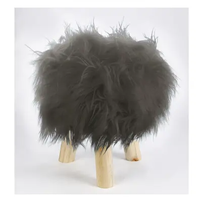 Footstool Pouffe Mongolian Faux Fur Wooden Leg Scandi Foot Stool Chair Charcoal