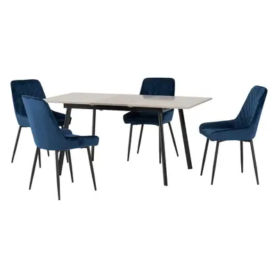 Avery Extending Dining Table + Chairs Set - Concrete & Sapphire Blue Velvet