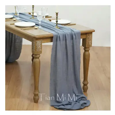 (62x1000cm, Blue grey) Table Runner Rustic Cotton Gauze Cloth Dining Burlap Retro Burr Texture V