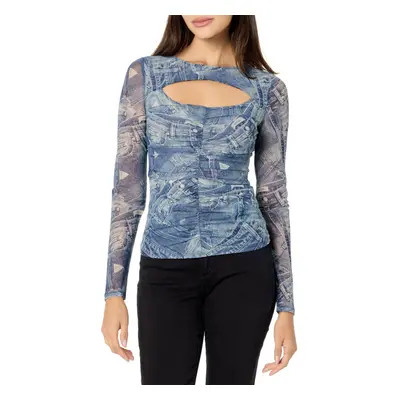 GUESS Women's Long Sleeve Cut-Out Brienna Top Denim Toss Print