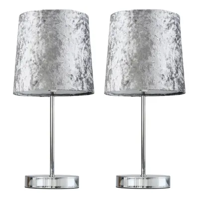 Pair of - Modern Polished Chrome Table Lamps with a Silver Grey Velvet Shade - Complete with 4w 