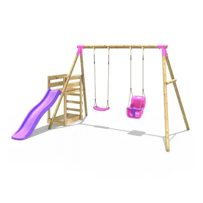 (Luna, Pink) Rebo Wooden Swing Set plus Deck & Slide