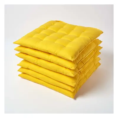 (Set of 6, Yellow) Plain Seat Pad with Button Straps 100% Cotton