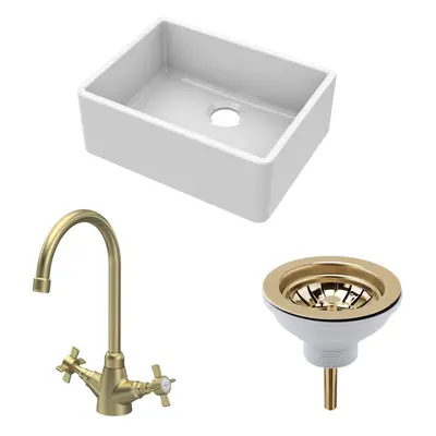 Fireclay Kitchen Bundle - Single Bowl Butler Sink, Strainer Waste & Mono Crosshead Handle Tap, 5