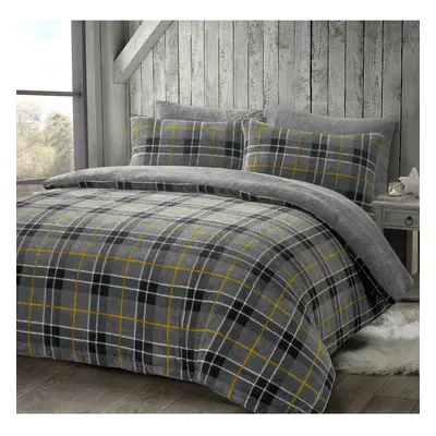 (Grey, Super King ) Luxury Teddy Checked Fleece Duvet Cover Set Soft Cosy Warm Check Teddy Beddi