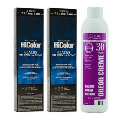 (H22(2)+Dev(Vol.30)8oz) L'Oreal HiColor H22 Black Sapphire BLACKS For Dark Hair Only