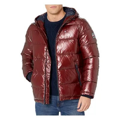 Tommy Hilfiger Men's Hooded Puffer Jacket Pearlized Red Large