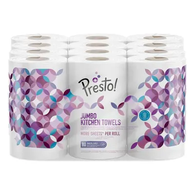 Presto! Jumbo Kitchen Rolls, Rolls (4 Packs of 3), Sheets per Roll, Count, White