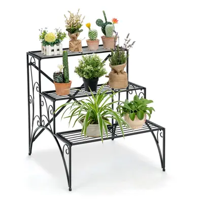 3 Tiers Metal Plant Stand Ladder Flower Pots Holder with Grid Shelves