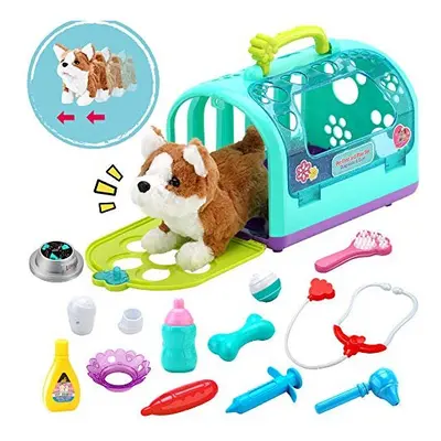 Sotodik 15PCS Electronic Vet Set for Kids,Walk and Bark Little Dog Pretend Play Doctor Playset P