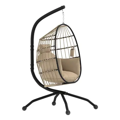 Outsunny Egg Chair Outdoor Indoor Garden Swing Chair, Folding Basket, Khaki