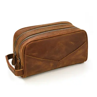 (9544 Red Brown) Genuine leather toiletry travel bag for men women black luxury style makeup bag