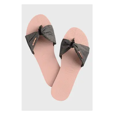 (35/36 - UK 3-4) HAVAIANAS you St Tropez metallic grey bow pink flip flops