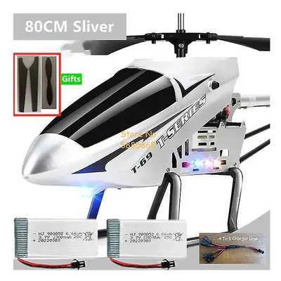 (80CM Silver 2Battery) 80cm Big Alloy Remote Control Helicopter Model Dual Flexible Propeller An