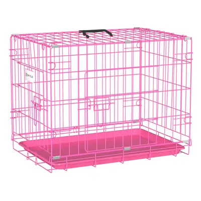 (30inch Pink) Dog Cage Puppy Training Crate with Removable Plastic Tray Transport Carry Cage For